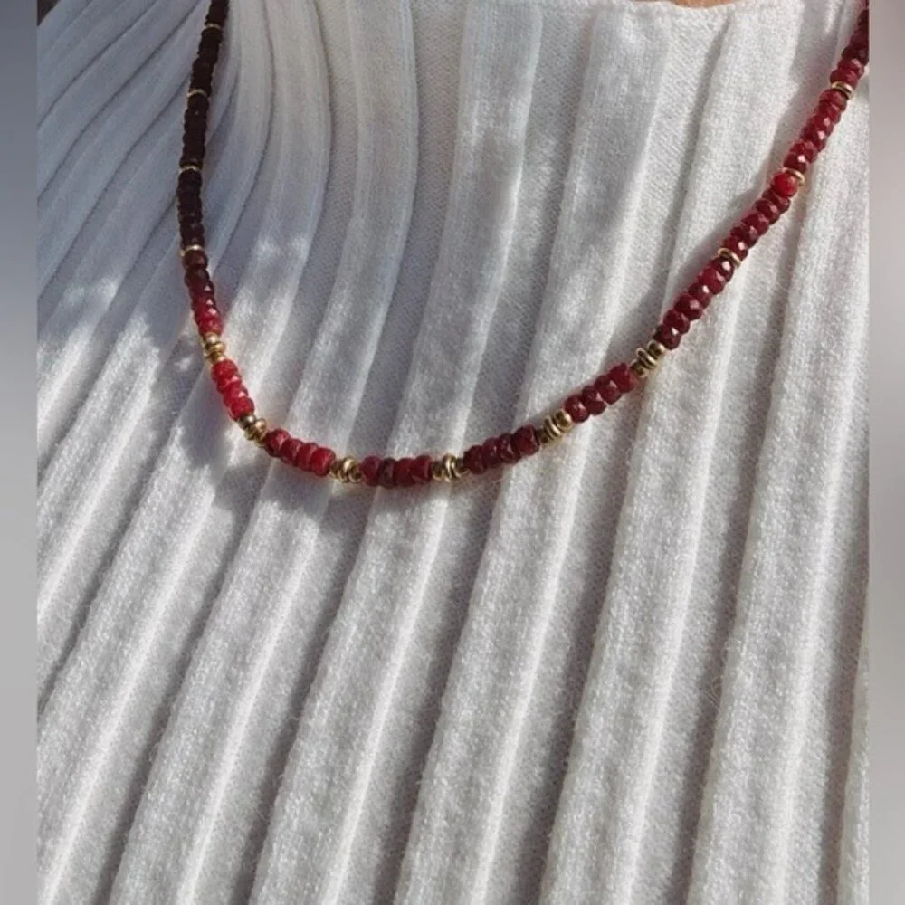 Ruby Beaded Necklace Gold Waterproof Chain July Birthstone Ruby Gemstone Jewelry - Picture 10 of 14